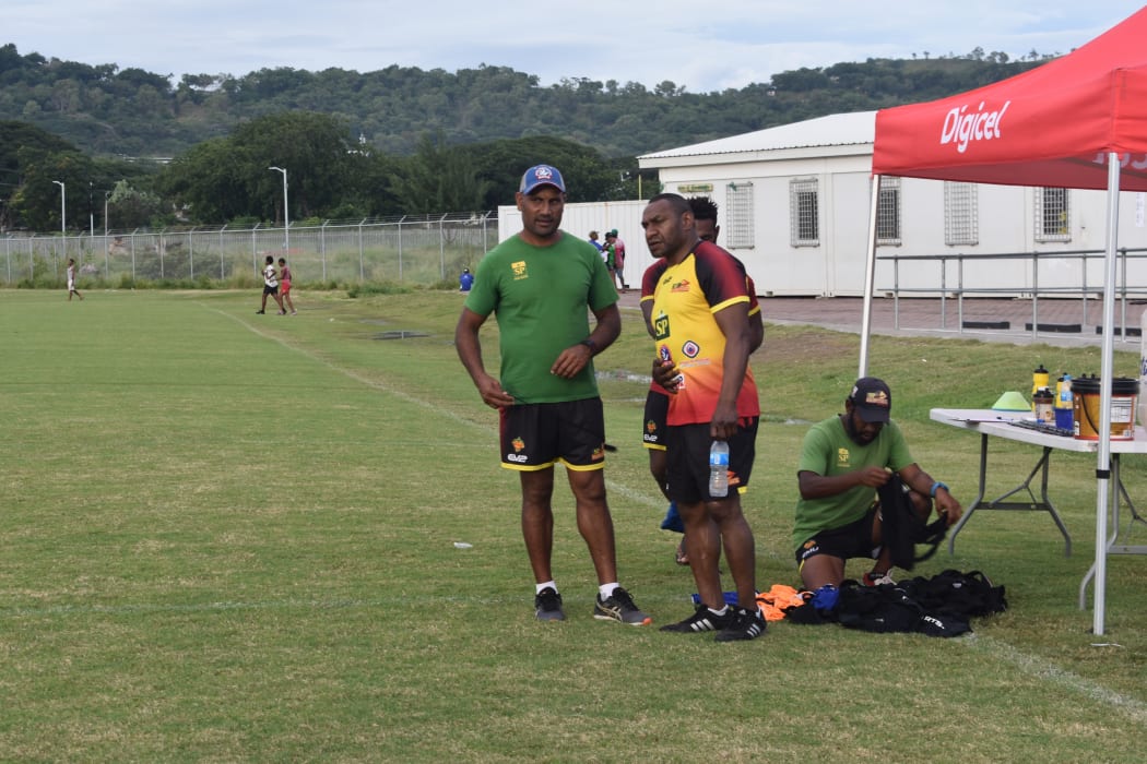 PNG Hunters coach Michael Marum with Kumuls legend Stanley Gene.