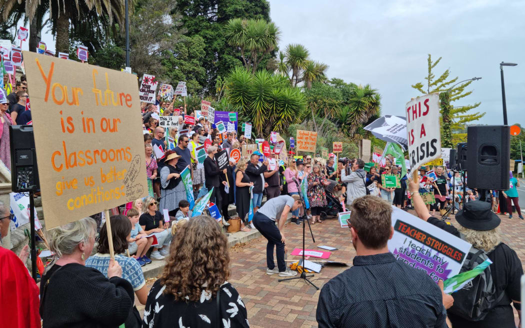 Teachers striking over pay and conditions hold a rally in Nelson, 16 March 2023.