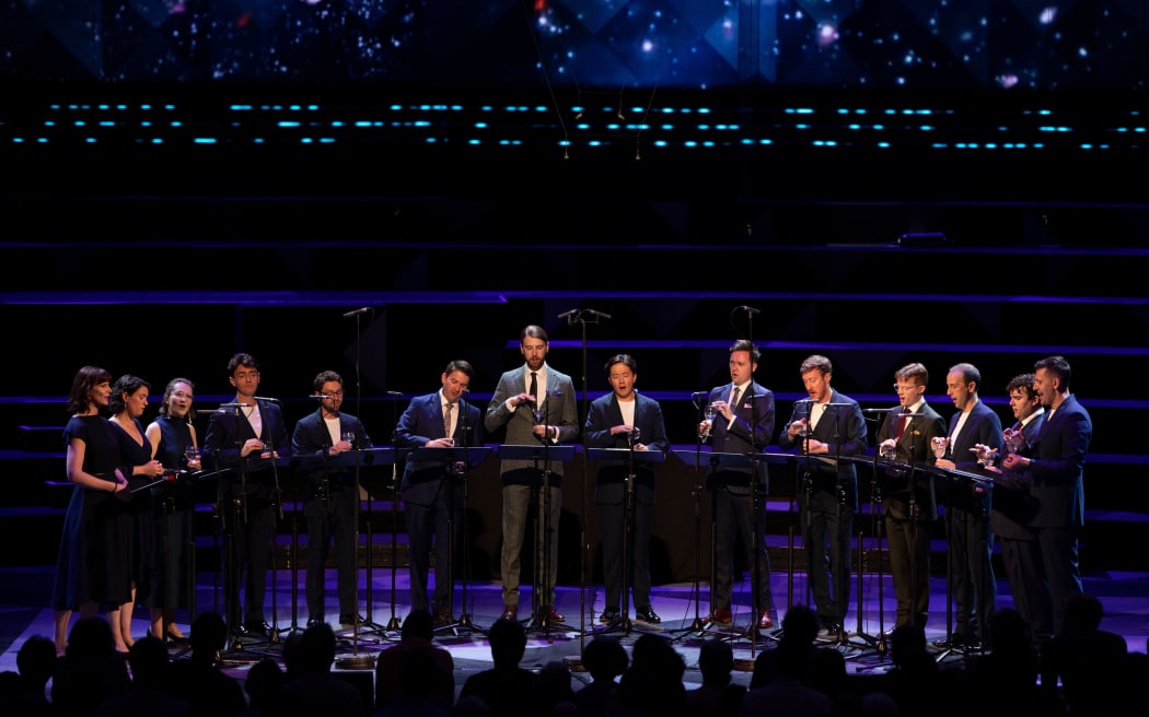 The King’s Singers and VOCES8 perform on stage.