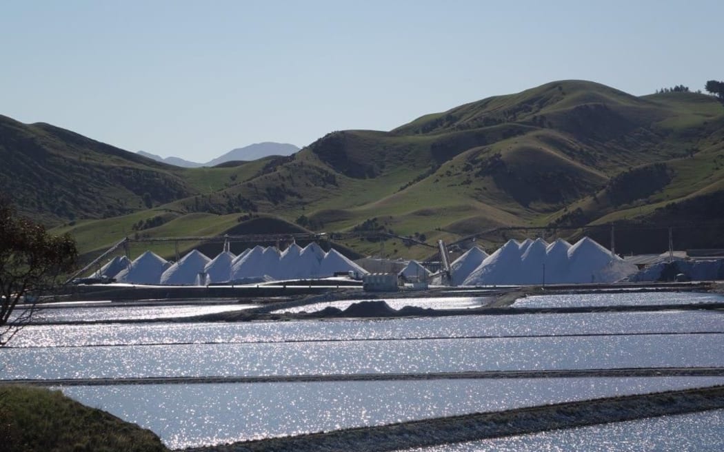 Mountains of harvested salt at Lake Grassmere
