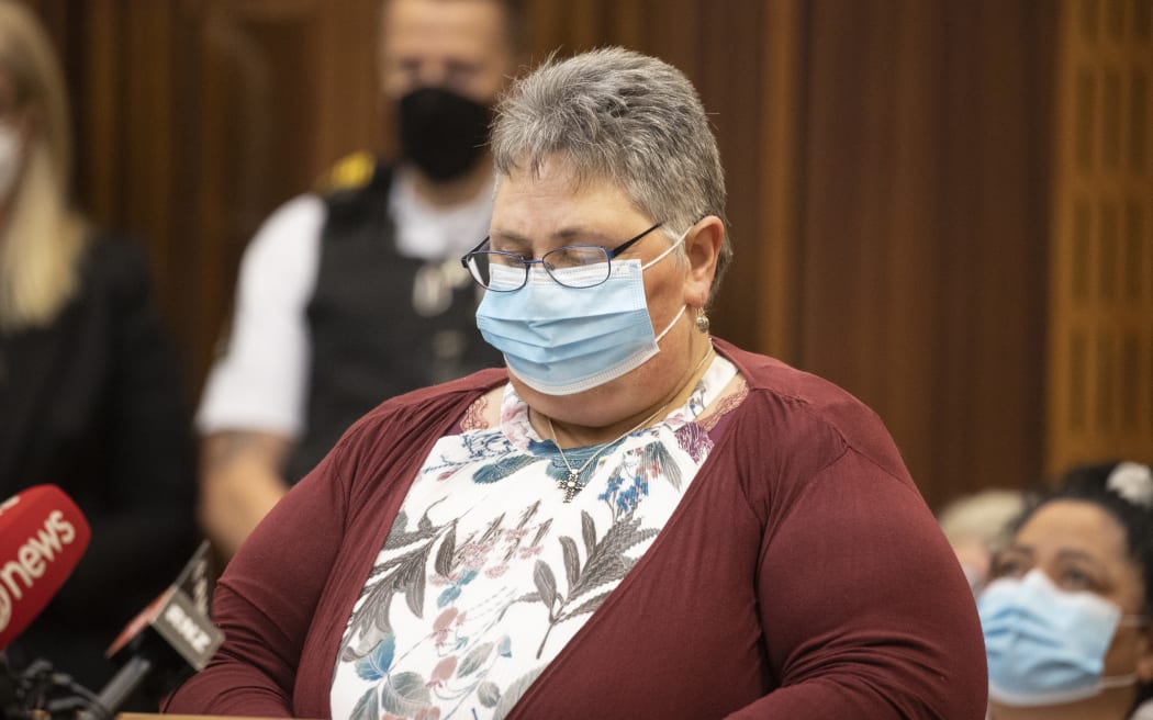 Tyreese Fleming was sentenced in the Timaru District Court on Wednesday to five charges of dangerous driving causing death. Andrea Goodger (Mum of Andrew) reads her impact statement 29 June 2022 New Zealand Herald Photograph by George Heard