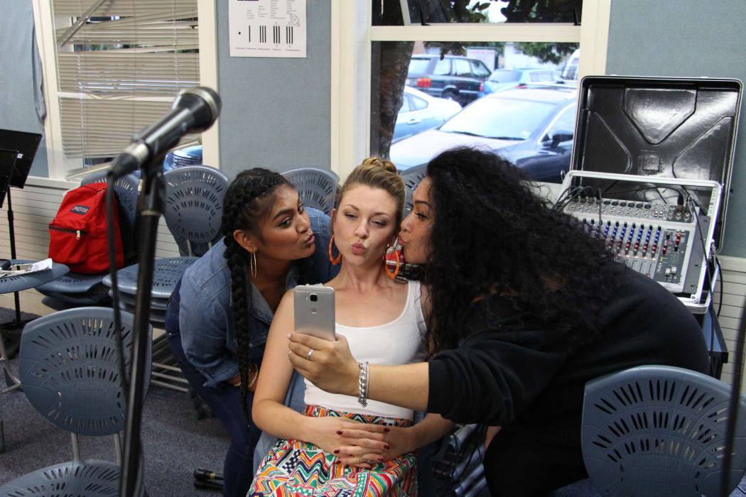 Esther Stephens, Aaradhna, Bella Kalolo respectfully snapchat in between rehearsals