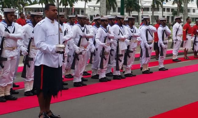 Fiji's military band and navy welcome in the new parliament. 2016