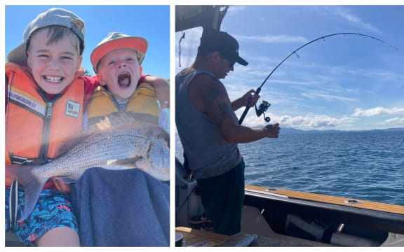 Ben Chissell, organiser of the One Ocean Protest in Auckland on 22 November 2025, fishing on the Hauraki Gulf, with his family.