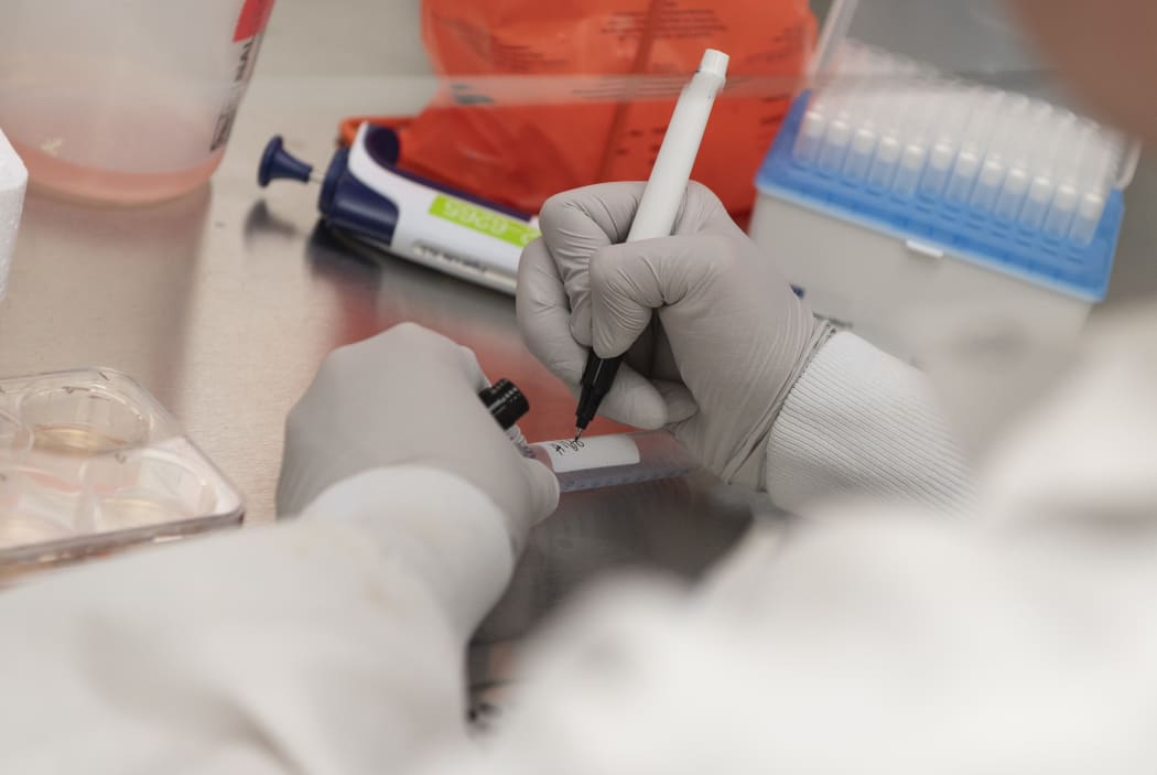 Dr. Rhonda Flores labels protein samples at Novavax labs in Gaithersburg, Maryland, United States, on March 20, 2020, one of the labs developing a vaccine for Covid-19.
