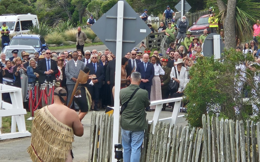 Prime Minister Christopher Luxon arrives to be welcomed on to Ōnuku Marae.