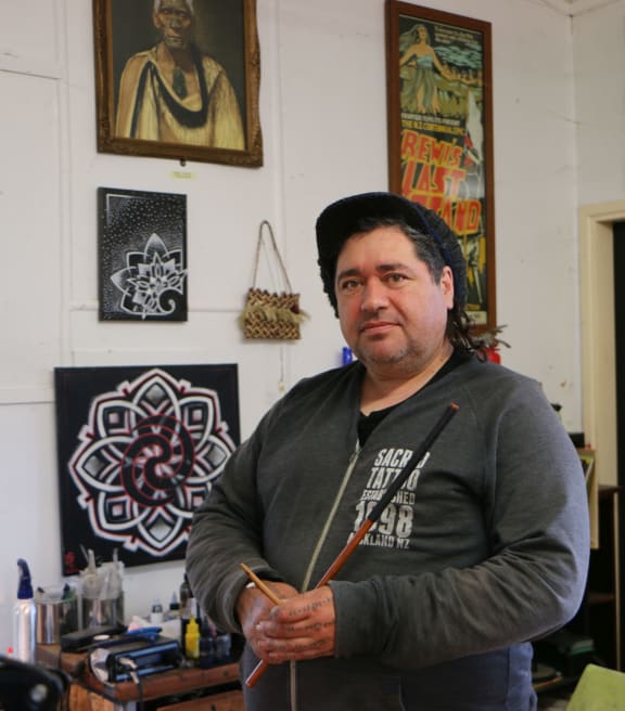 Inia Taylor inside his studio, Woodhill Auckland