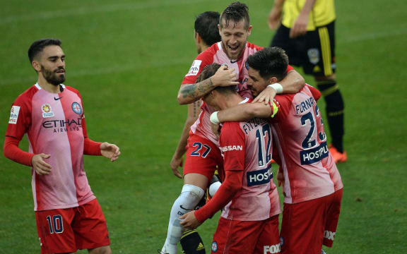 Melbourne City FC players during the Hyundai A-League, Wellington Phoenix vs Melbourne City.