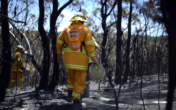 Firefighters monitor bush fires at the Woodford residential area in Blue Mountains on November 12, 2019