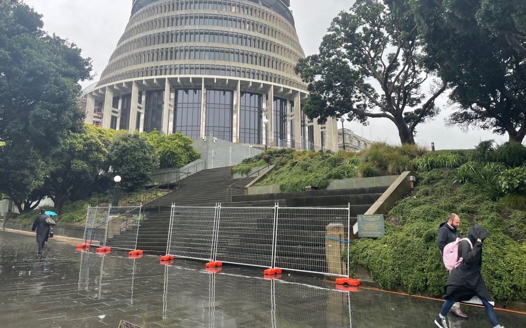Fencing and bollards were being set up and roads closed around the parliamentary precinct on Wednesday 27 September 2023 ahead of planned protests.