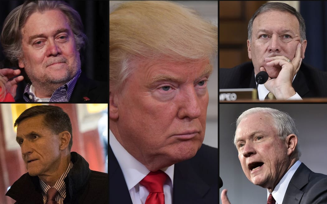 Donald Trump (centre) and some of the men expected to take up high-powered positions in his government (clockwise from top left) Steve Bannon, Mike Pompeo, Jeff Sessions and Mike Flynn.