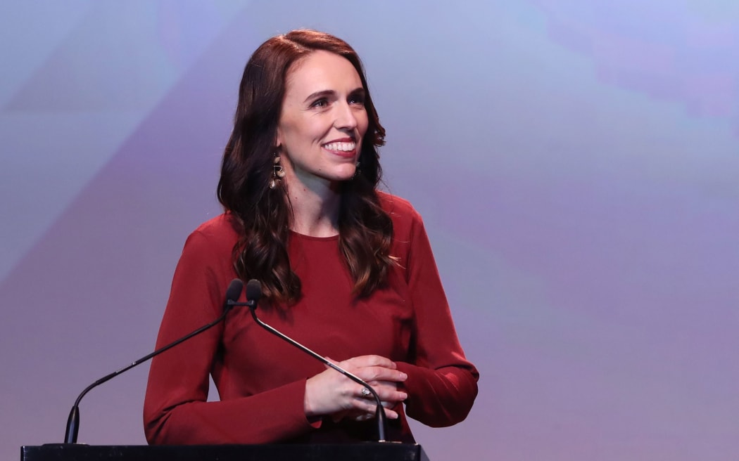 New Zealand Prime Minister Jacinda Ardern speaks at the Labour Party's after party after victory in the the country's general election in Auckland on October 16, 2020.