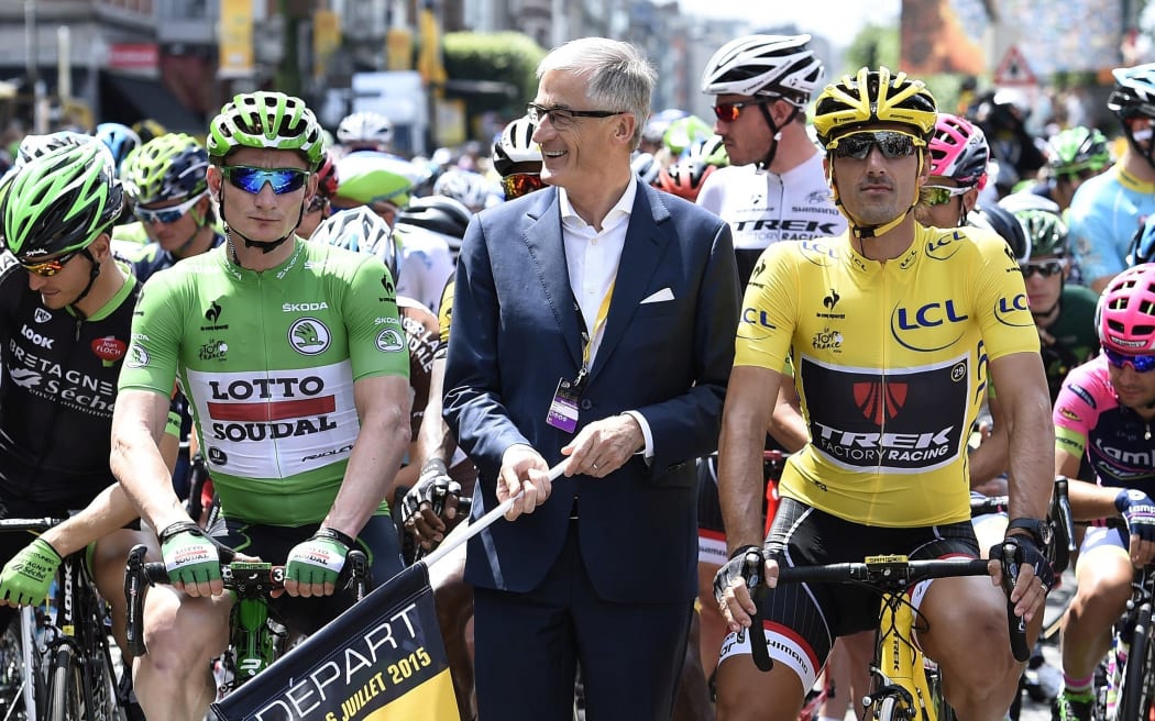Fabian Cancellara (right) at the start of a stage during the 2015 Tour de France.