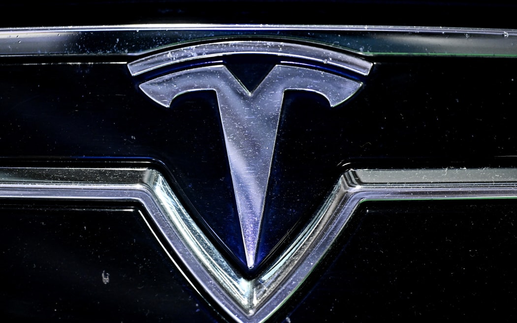 This photograph shows the logo of US company "Tesla" displayed at the Paris Motor Show at Paris Expo Porte de Versailles in Paris on October 16, 2024. (Photo by JULIEN DE ROSA / AFP)