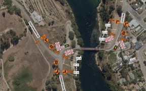 An aerial view of the temporary traffic light management plan at Clyde Bridge, which will be in place over the holiday period. Credit: Supplied/Central Otago District Council