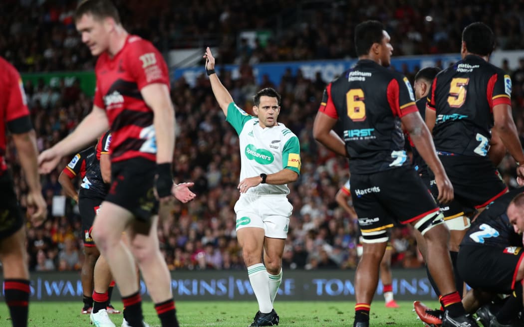 Nic Berry referee during the Super Rugby Pacific rugby match between the Chiefs and the Crusaders.