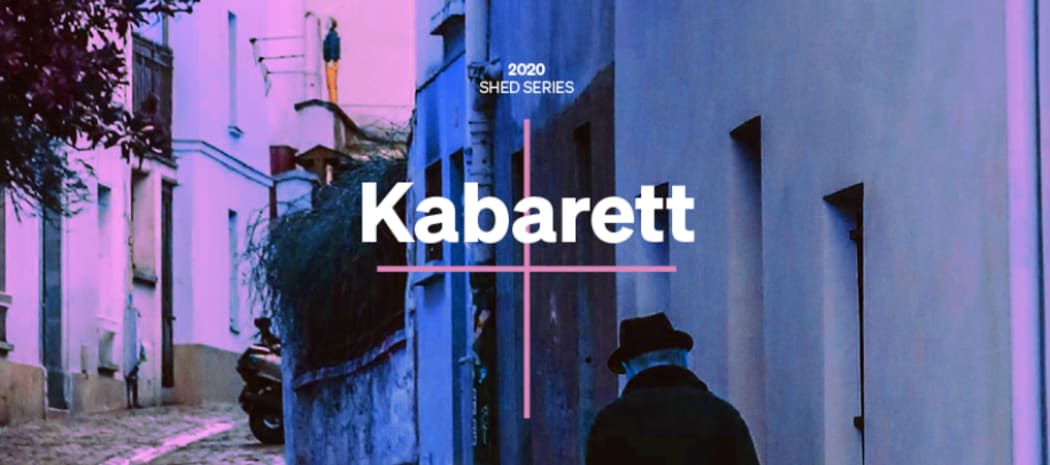 NZSO Kabarett Logo, a street scene with a man in the foreground