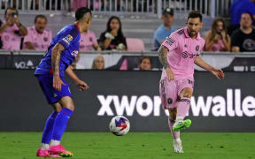 Lionel Messi passes the ball during the second half of the Leagues Cup match between Cruz Azul and Inter Miami CF.