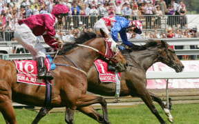 Jockey Glen Boss steers Makybe Diva (R) to a record-breaking third consecutive victory in Australia's premier race, the Melbourne Cup run at the Flemington course, in Melbourne 01 November 2005.  Makybe Diva won the 5 million dollar (3.75 million USD) horse race from On a Jeune (L) and New Zealand horse Xcellent.  AFP PHOTO/William WEST (Photo by WILLIAM WEST / AFP)