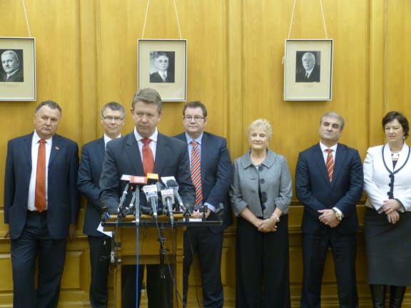 At the announcement (L-R): Shane Jones, David Parker, David Cunliffe, Grant Robertson, Annette King, Clayton Cosgrove, Sue Moroney.
