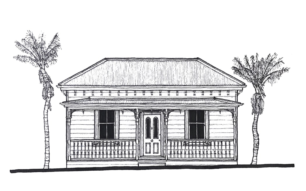 A pigment ink drawing of a villa with nikau palms on either side.