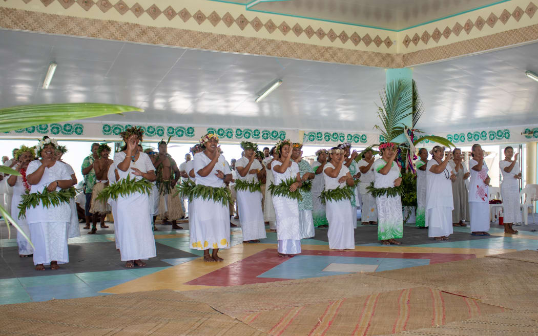 Nukunonu does a fatele (traditional dance) for the ceremony.