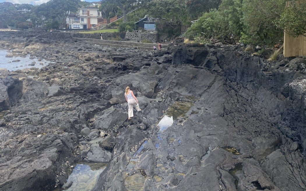 A woman negotiates rocks after the owners of a North Shore property blocked access to walkers on a popular beach path.