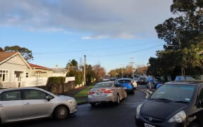 Traffic down Rocklands Rd, a side street leading to the Northcote community testing centre. 19 August 2021