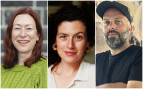 From left Kathryn van Beek is this year's Robert Burns fellow, Noelle McCarthy is Victoria University's 2023 writer in residence and Anthony Byrt is this year's writer in residence at Waikato University.