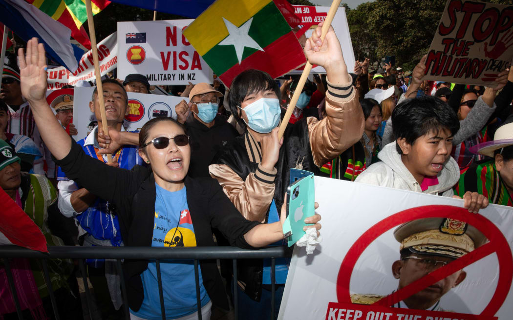 Protesters call on the government to block any Myanmar junta representatives from entering New Zealand for the ASEAN summit, on 9 April, 2024.