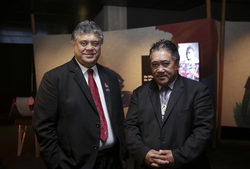 Rahui Papa Chairman of Waikato Tainui and Raniera Tau chairman of Ngāpuhi. He Tohu, a new permanent exhibition of three iconic constitutional documents that shape Aotearoa New Zealand. Treaty of Waitangi, Declaration of Independence and Women's Suffrage Petition.