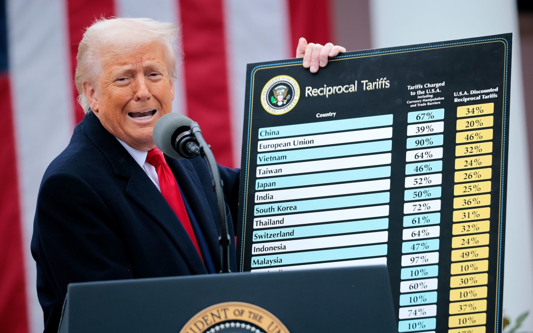 US President Donald Trump holds up a chart while speaking during a “Make America Wealthy Again” trade announcement event in the Rose Garden at the White House on April 2, 2025 in Washington, DC.