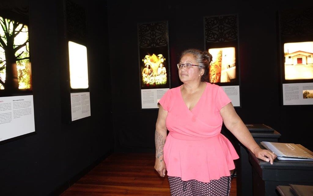 Ngāti Rārua and Te Ātiawa representative Rima Piggott at the exhibition she created, depicting the journey of the iwi to Tasman Bay.