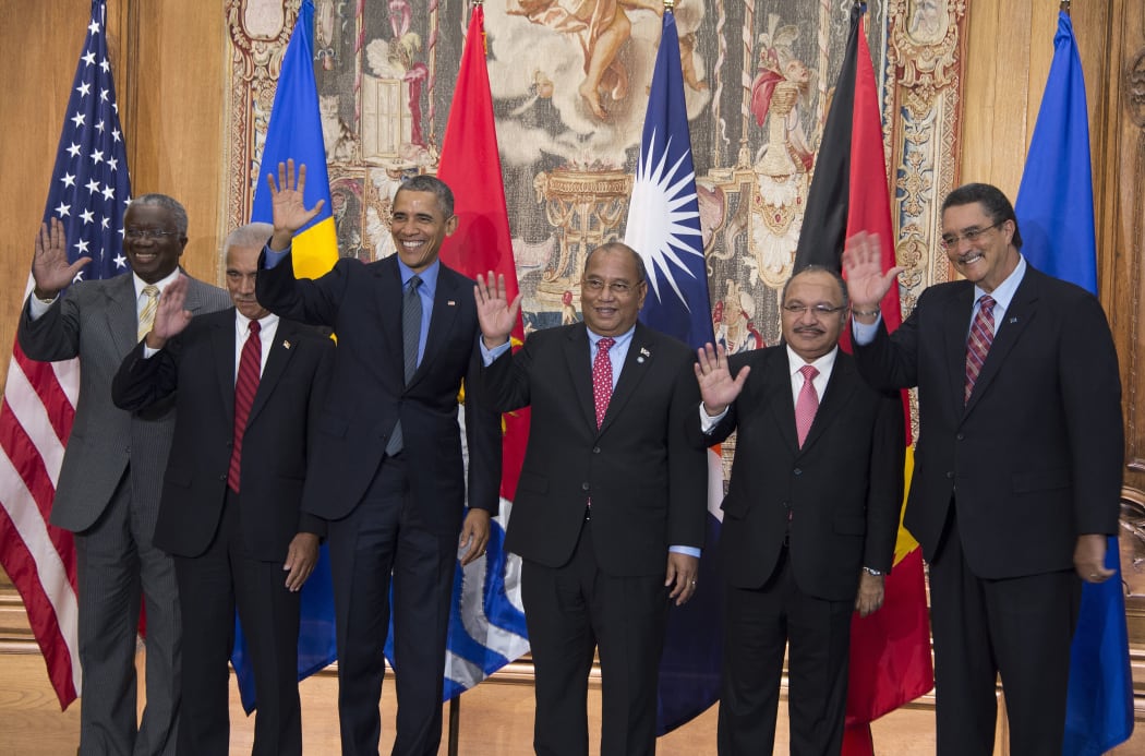 US President Barack Obama poses with Barbados Prime Minister Freundel Stuart, Kiribati President Anote Tong, Marshall Islands President Christopher Loeak, Papua New Guinea Prime Minister Peter O'Neil and St. Lucia Prime Minister Kenny Anthony