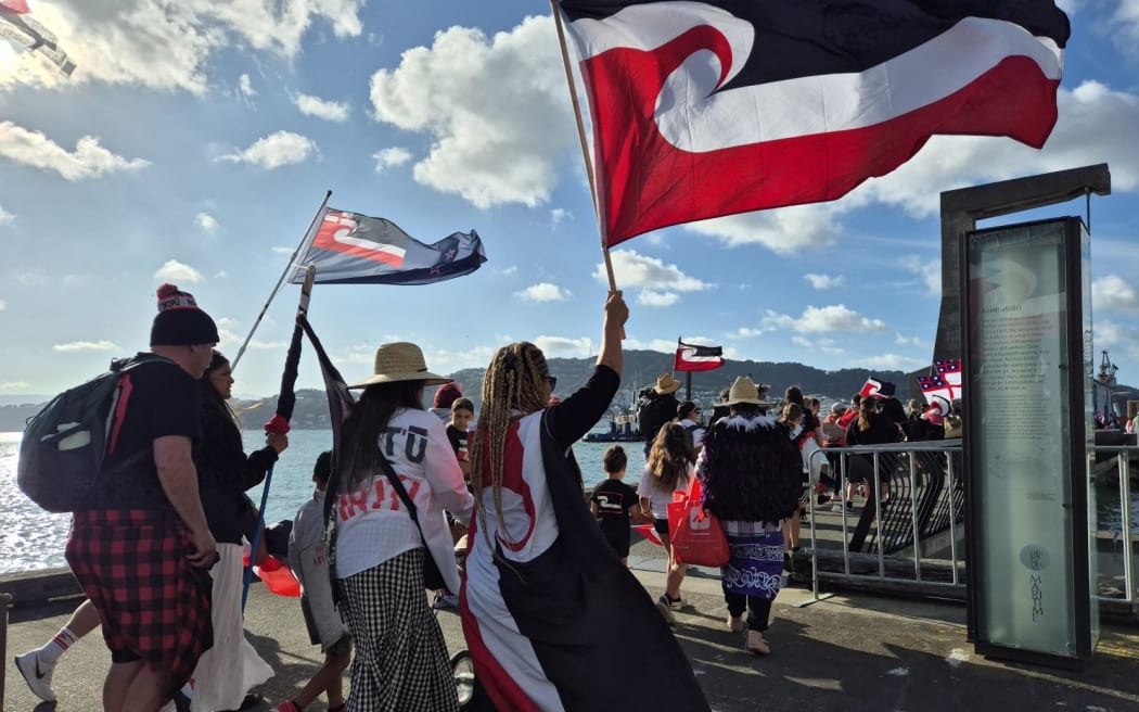 Hundreds flooding the street from the train station to Waitangi Park.