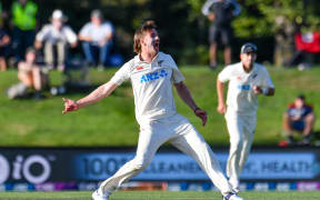 Blair Tickner of the Black Caps celebrates the wicket of  Kusal Mendis of Sri lanka during Day 3 of the first cricket test match, New Zealand Black Caps Vs Sri lanka, at Hagley Oval, Christchurch, New Zealand. 11th March 2023. © Copyright photo: John Davidson / www.photosport.nz