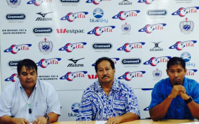 Interim CEO of the Samoa Rugby Union, Faleomavaega Vincent Fepuleai, Treasurer Tamaleta Taimang Jensen, and Interim High Performance Unite Manager Namulauulu Alama Ieremia front the media.