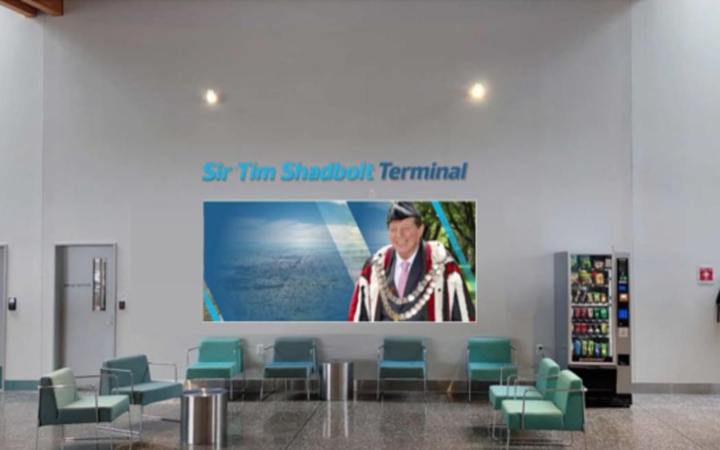 A proposed design of signage which would welcome patrons to the Sir Tim Shadbolt Terminal.