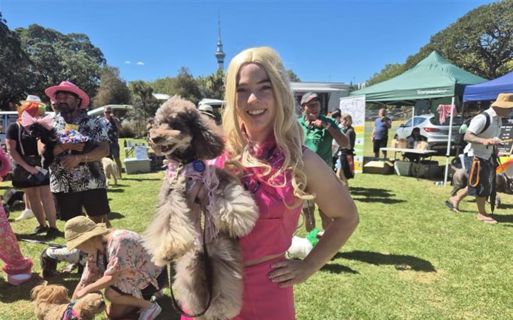 Renee and poodle Penny in their Barbie themed outfits.