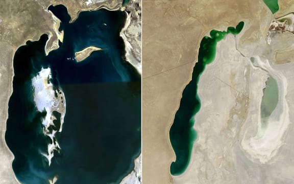 This combination of NASA satellite images shows the Aral Sea in 2008 and as of September 22, 2013.