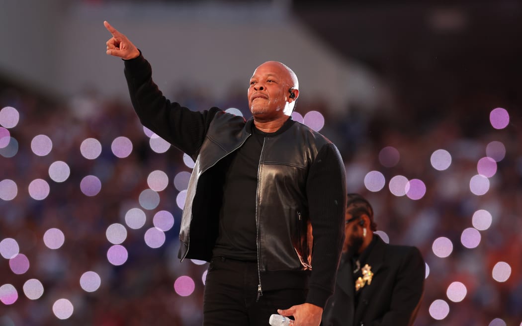Dr. Dre performs during the Pepsi Super Bowl LVI Halftime Show at SoFi Stadium.