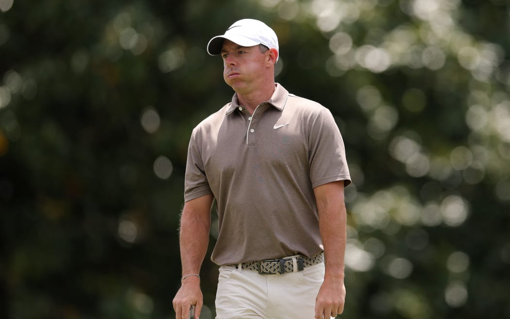 Rory McIlroy reacts during his opening round of the Masters tournament in Augusta, Georgia.  11 April, 2025.