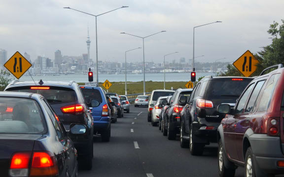 AUCKLAND - FEB 13 2017: Traffic jam in Auckland, New Zealand.Auckland has the longest morning peak-time in Australasia, from 5am - 10am.