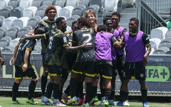 Solomon Kings FC's Jez Lofthouse celebrates his goal. OFC Pro League 2026, Auckland FC v Solomon Kings FC, Santos National Football Stadium, Papua New Guinea, Saturday 7 February 2026. Photo: Shane Wenzlick / www.phototek.nz