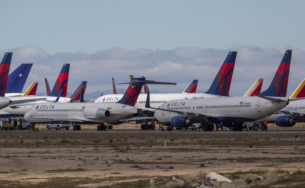Delta Air Lines jets are parked in growing numbers at Southern California Logistics Airport