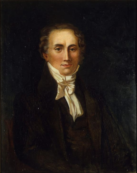 Half-length frontal portrait supposedly of author and judge of the Native Land Court, Frederick Edward Maning, circa 1850.