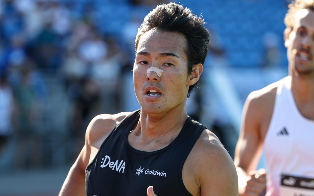 Ryoji Tatezawa wins the Men's 1500 run during the Sir Graeme Douglas International Athletics Meet at Trusts Arena, Auckland, Sunday 9 February 2025. Copyright Photo: Shane Wenzlick / www.photosport.nz