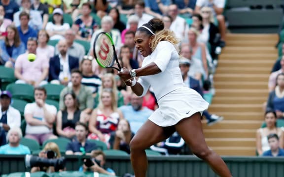 6th July 2019, The All England Lawn Tennis and Croquet Club, Wimbledon, England, Wimbledon Tennis Tournament, Day 6; Serena Williams (USA) with a forehand during her mixed doubles match with Andy Murray