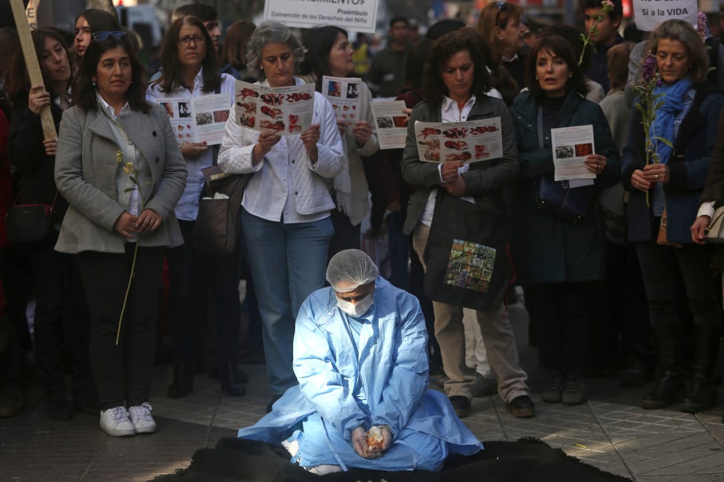 Anti-abortion activists demonstrate in the vicinity of the constitutional court in Santiago, Chile.