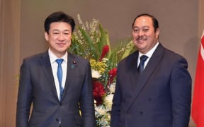 Defense Minister Minoru Kihara and Crown Prince Tupouto’a Ulukalala of Tonga after the 2024 Japan-Pacific Islands Defense Dialogue (Japan Ministry of Defense/Twitter)